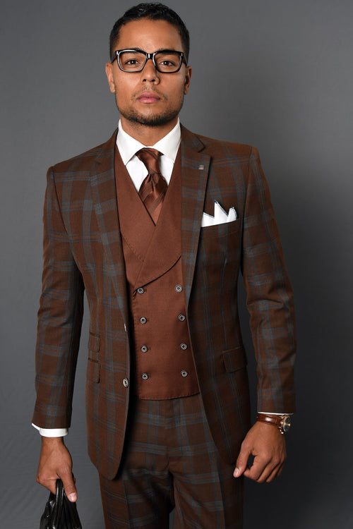 Men's modern fit wool suit with copper plaid double-breasted vest. Rich brown/blue tones, large plaid checks, fitted jacket. Includes a white pocket square. Sharp, structured silhouette.