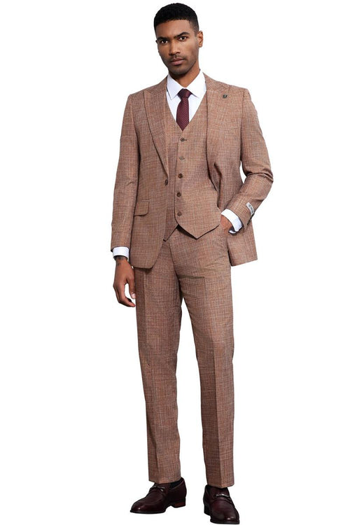 Men's Stacy Adams 3-piece suit in light rust sharkskin. Features a single-button jacket with notch lapel, fitted waistcoat, and tailored trousers. Refined texture and cohesive design.