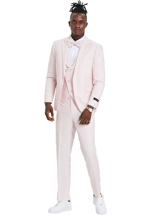 "Men's Pink Polka Dot Prom 2026 & Wedding Suit - One Button Double Breasted Vest"