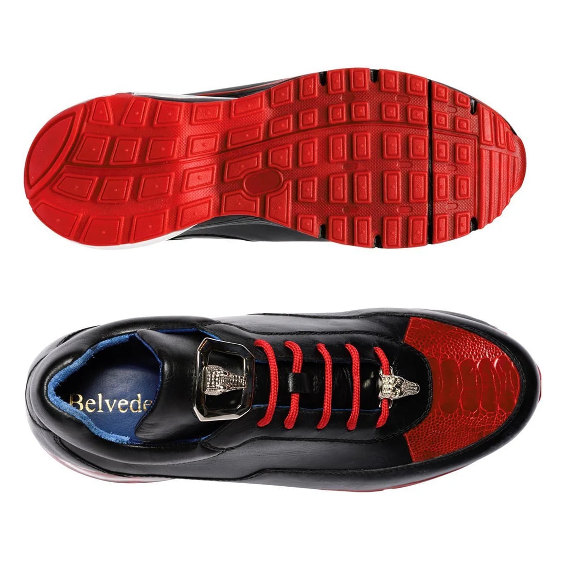 Belvedere Flash Men's Shoes Black & Red Exotic Ostrich / Calf-skin Leather Casual Sneakers