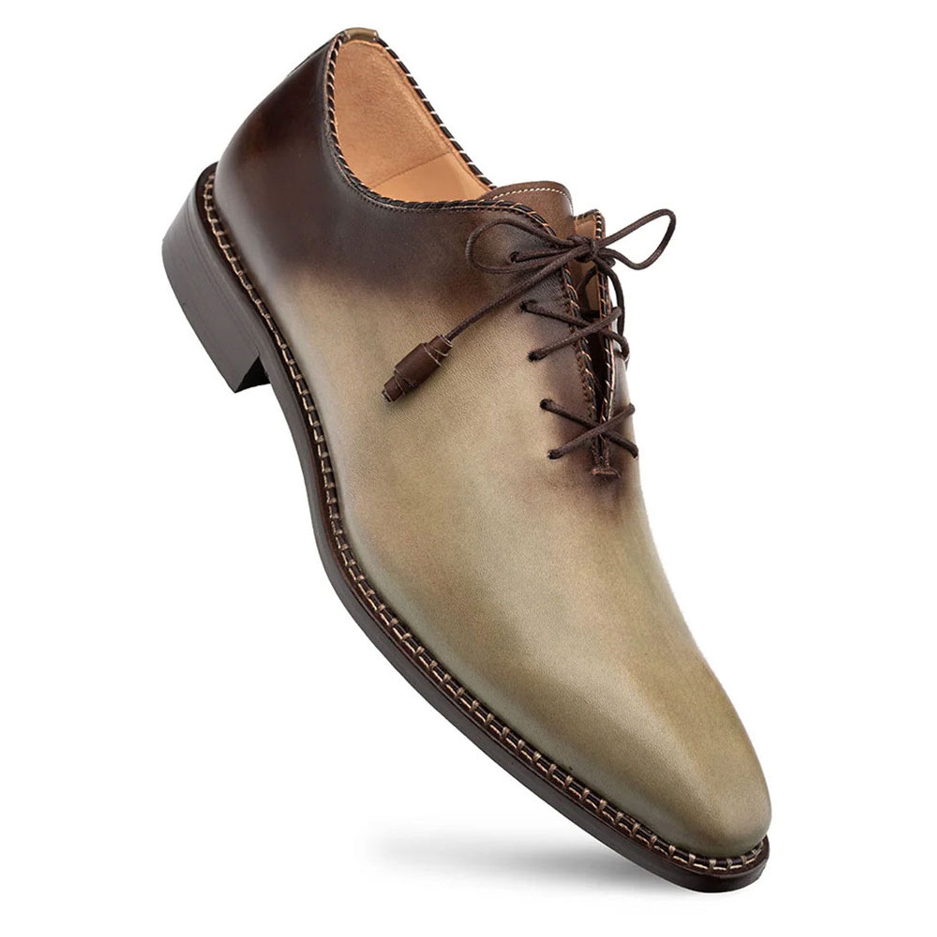Barbaro Olive/Mocha Two-Tone Whole-Cut Calfskin Oxford Shoes by Mezlan – Handcrafted in Spain