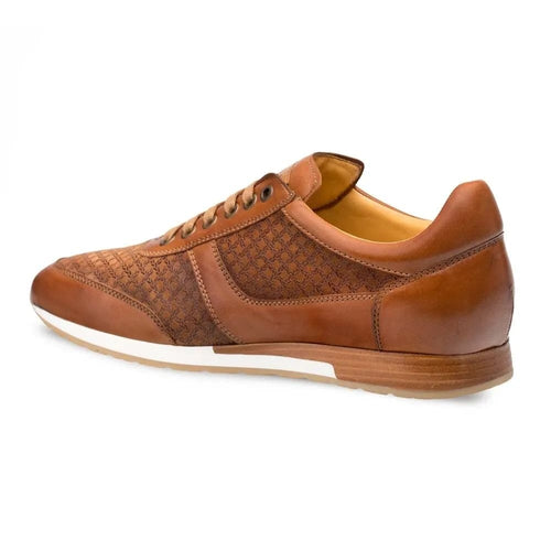 Mezlan Maxim sneakers in tan calfskin suede. Low-profile silhouette with smooth brown leather, textured sides, round toe, and white rubber sole.