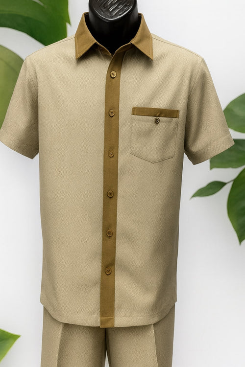 Mens Camel Beige Houndstooth Short Sleeve Walking Suit