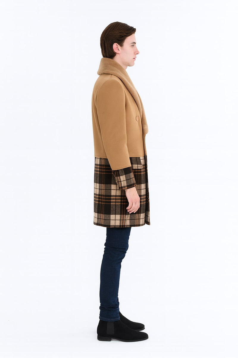 Camel brown overcoat with shawl collar, double-breasted front, and fur collar. Plaid wool bottom in brown/beige contrasts with the solid upper, offering a fitted silhouette.
