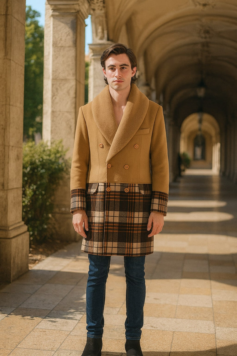 Men's camel brown overcoat with shawl collar, double-breasted, plaid wool bottom. Features fur collar, contrasting solid and patterned sections.