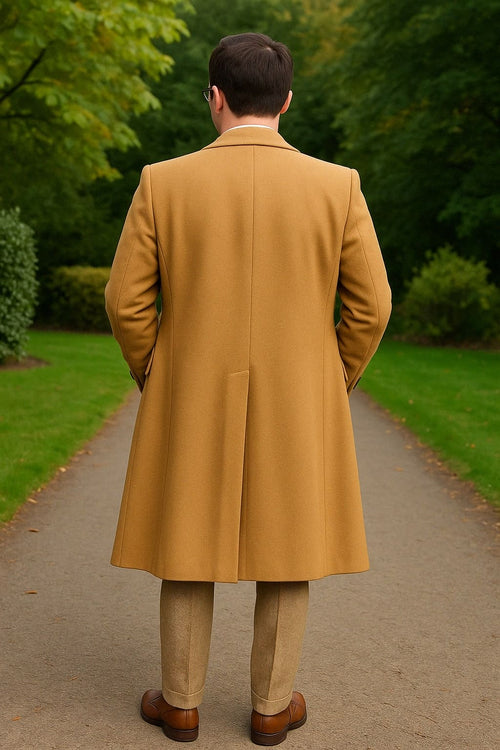 Great Gatbsy Package - Mens Camel Overcoat with Beige Tweed 3-Piece Suit Combo 4 Items Formal Winter Outfit