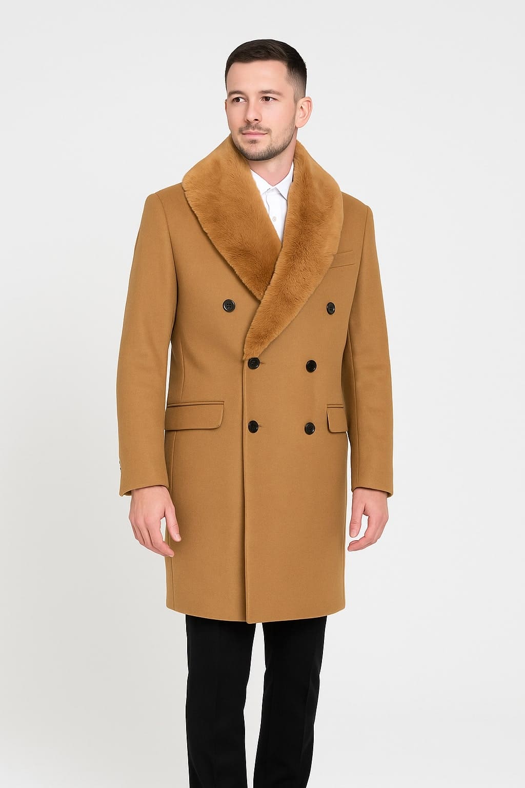 Mens Camel Wool Overcoat with Faux Fur Shawl Collar Double-Breasted Winter Dress Coat | Alberto Nardoni Mens Camel Wool Overcoat with Faux Fur Shawl Collar Double-Breasted Winter Dress Coat | Alberto Nardoni