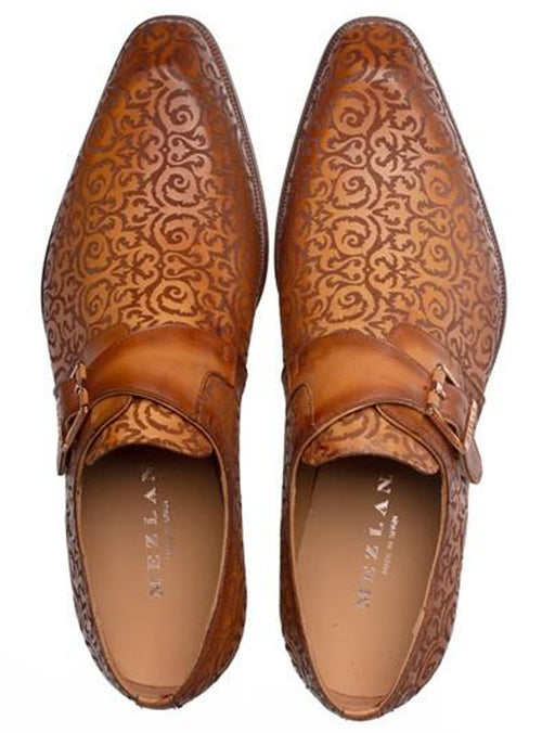 Mezlan Embossed Laser Print Calfskin Camel Monkstrap Fashion Shoe Soria