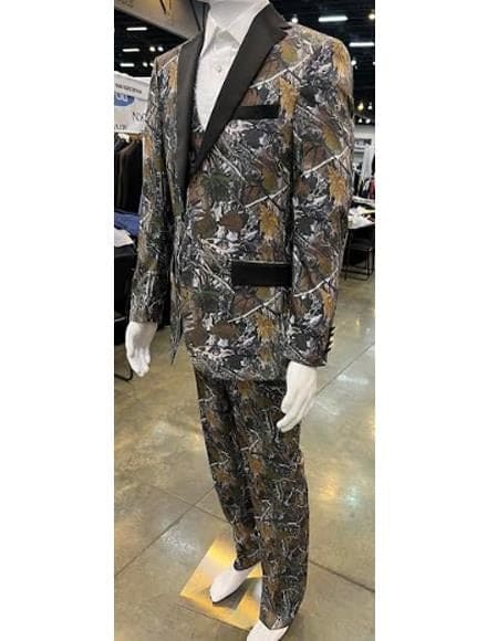 Army Green Tuxedo - Camouflage Patterned - Two Toned Vested Olive Camo 2 Button Matching Bowtie Tuxedo