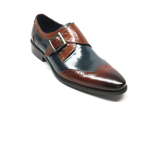Mens Leather Wingtip Monk Strap Dress Shoe in Black & Burgundy