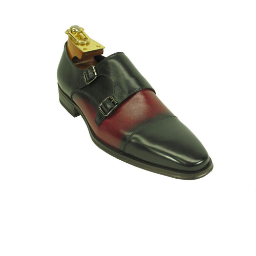 Mens Wholecut Two Tone Leather Cap Toe Monk Strap Dress Shoes in Black & Burgundy