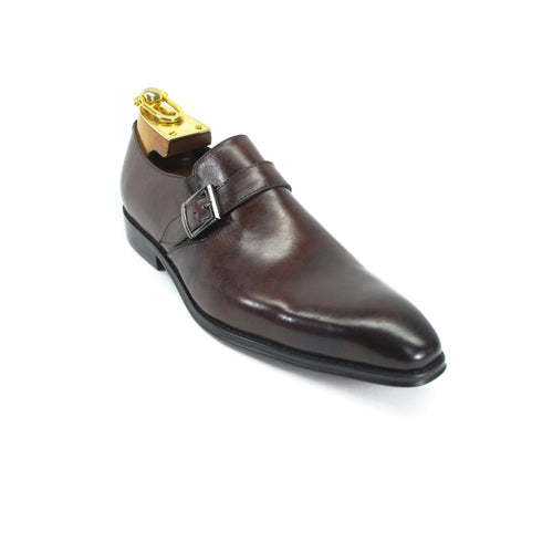 Mens Plain Toe Leather Buckle Loafer Dress Shoe in Brown
