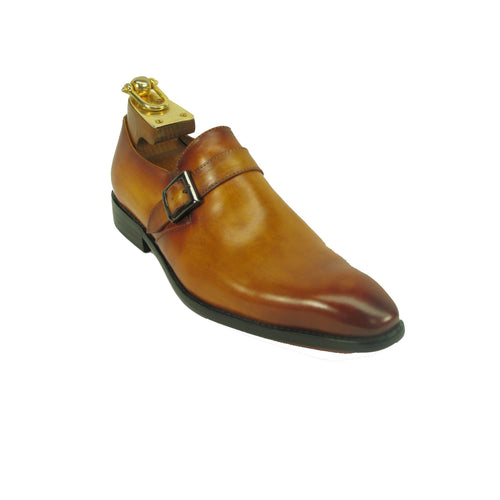 Mens Plain Toe Leather Buckle Loafer Dress Shoe in Cognac