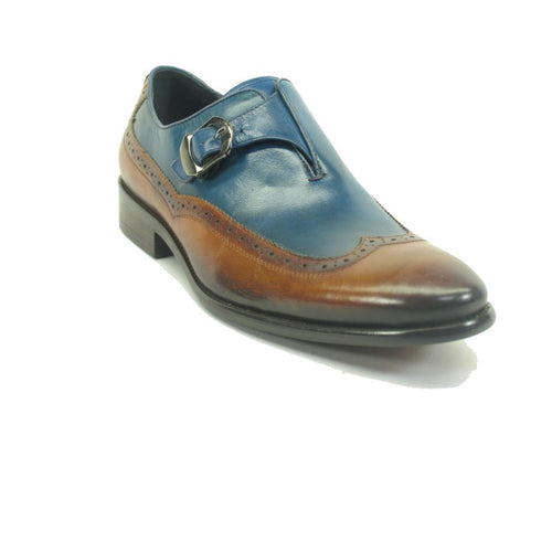 Mens Carrucci Leather Wingtip Monk Strap Dress Shoe in Cognac & Blue