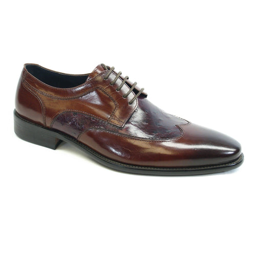 Mens Carrucci Ostrich Embossed Leather Wingtip Dress Shoe in Cognac