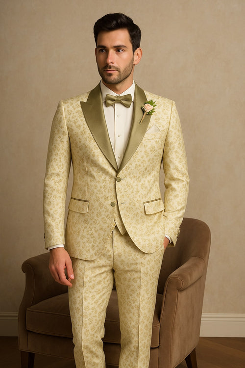 Champagne Gold Floral Tuxedo Suit for Men – Two-Piece Wedding Tux with Bow Tie and Satin Lapel
