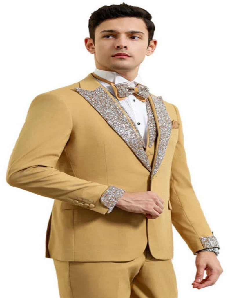 Champagne Prom Tuxedo - Perfect Wedding Suit Vested Rhinestone Lapelled