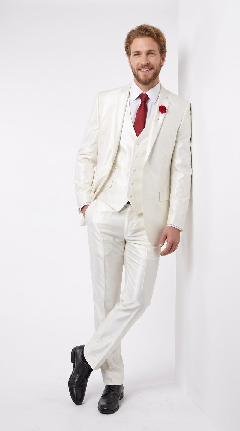 Tazio Men’s White Shiny Sharkskin 3 Piece Suit, Modern Fit Vested Formal Wedding Prom Suit