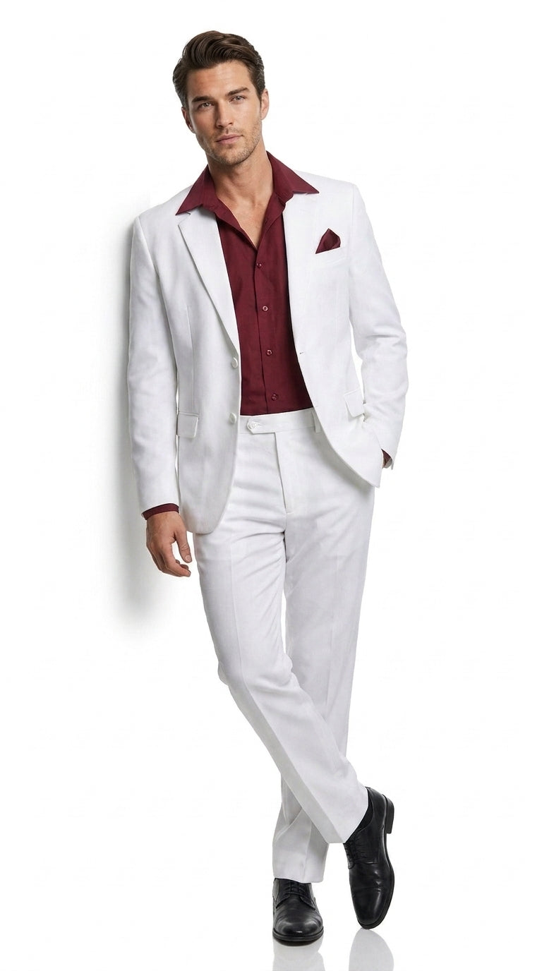 Men’s White Scarface Inspired Suit with Red Shirt, Tony Montana Style Costume Party Suit
