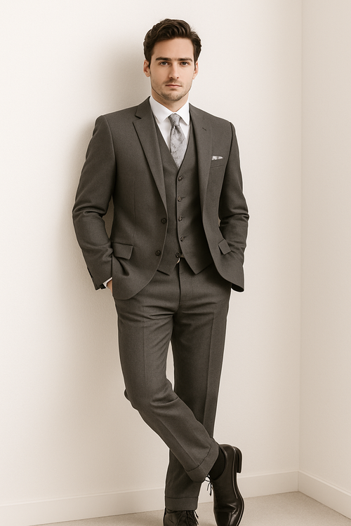 "Charcoal Grey Men's 2-Button Suit with Pleated Pants & Double-Breasted Vest"