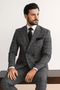 Classic fit charcoal suit with blue plaid. Double-breasted jacket, wide-leg pants. Made of 100% wool.