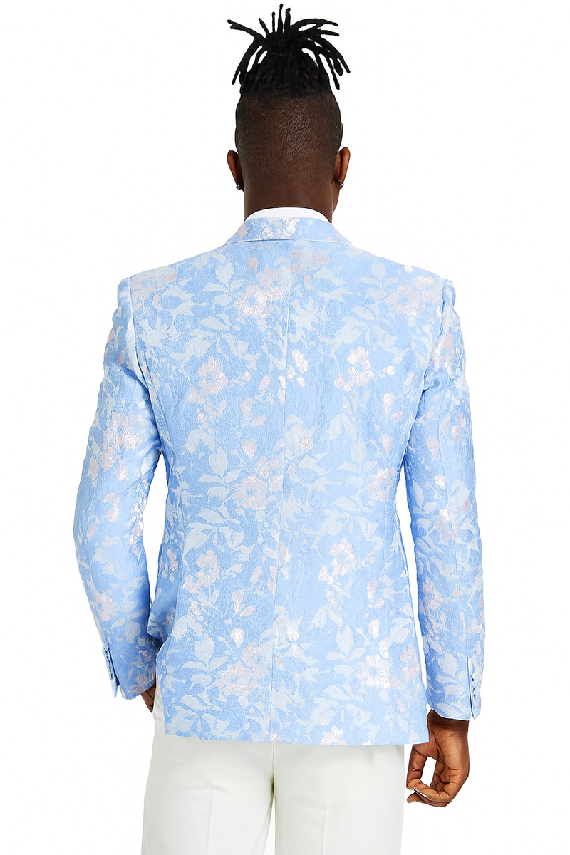Men's slim fit sky blue tuxedo jacket with silver foil paisley. Textured floral print. Structured back with single vent. Tailored sleeves, clean seams.