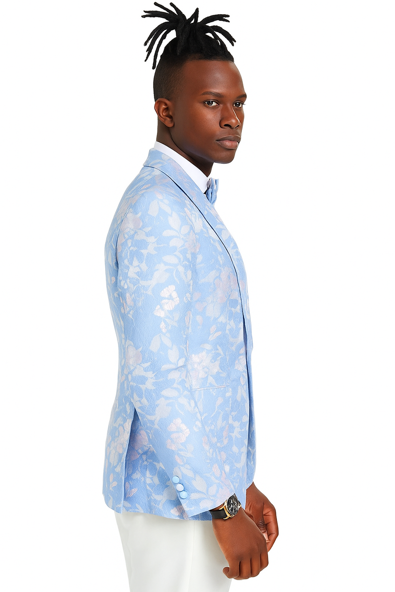 Sky blue slim-fit tuxedo jacket for men. Silver paisley foil print, notched lapel, and single-button closure. Textured fabric with three sleeve buttons & a chest pocket.