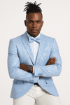 Men's slim fit sky blue & silver paisley foil print tuxedo dinner jacket for prom & wedding