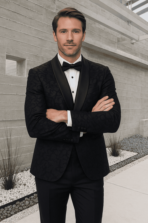 Men's black paisley velvet smoking jacket tuxedo. Double-breasted, textured paisley, satin collar/buttons, paired with black vest. Luxurious velvet. Classic formal wear.