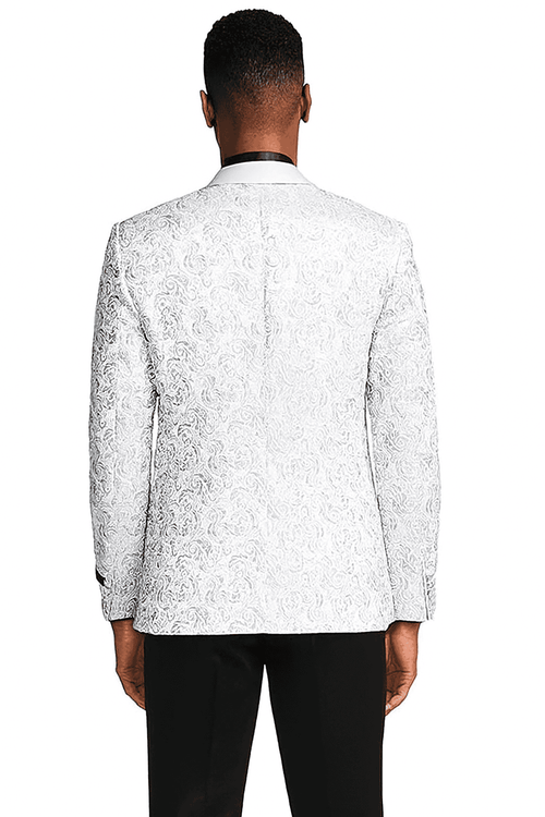 Silver grey tonal paisley tuxedo jacket with a textured pattern. Features black lapels and button details on long sleeves. Structured, tailored fit with a single back vent, offering a subtle, elegant appearance.