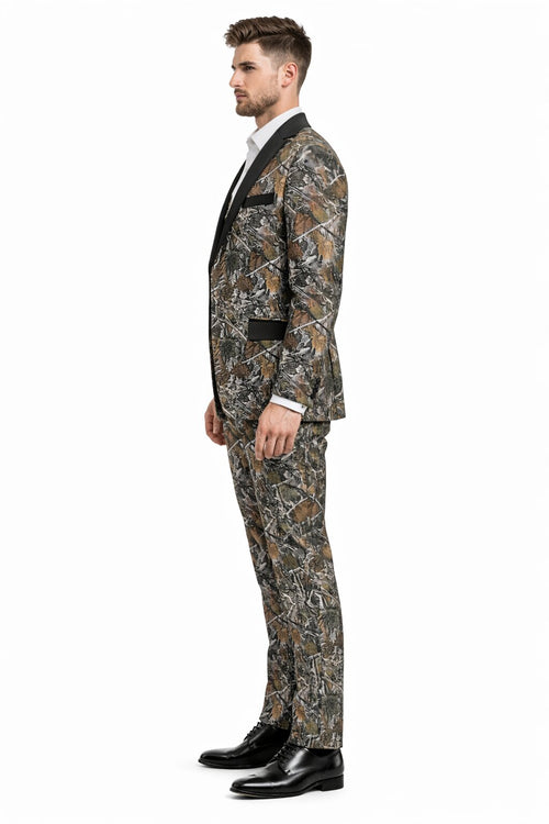 Army Green - Camouflage Patterned Two Toned Vested Olive Camo Tuxedo
