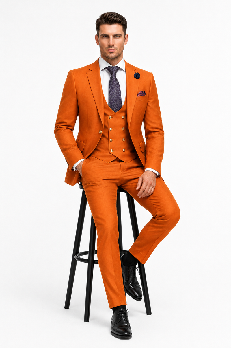 Rossiman Men's Rust Slim Fit Suit – 3-Piece Set with Double-Breasted Vest & Flat Front Pants