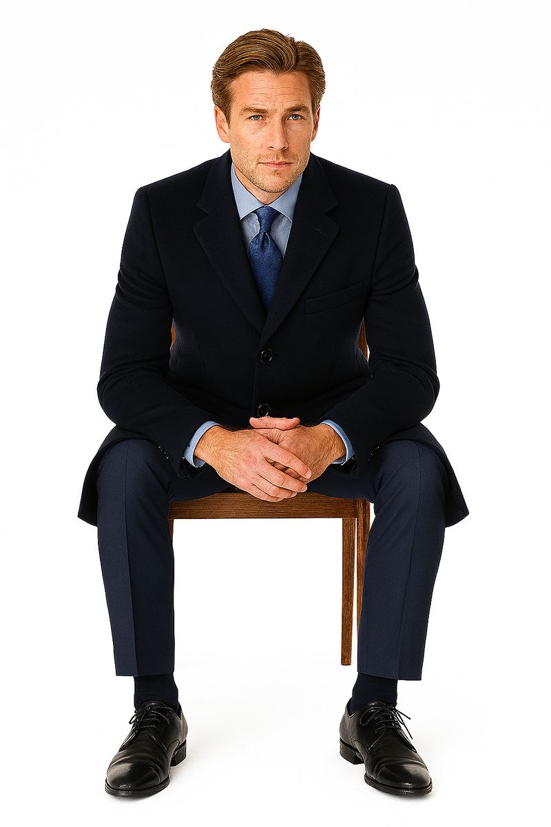 Pure Wool Full-Length Mens Navy Overcoat - Classic Winter Dress Coat