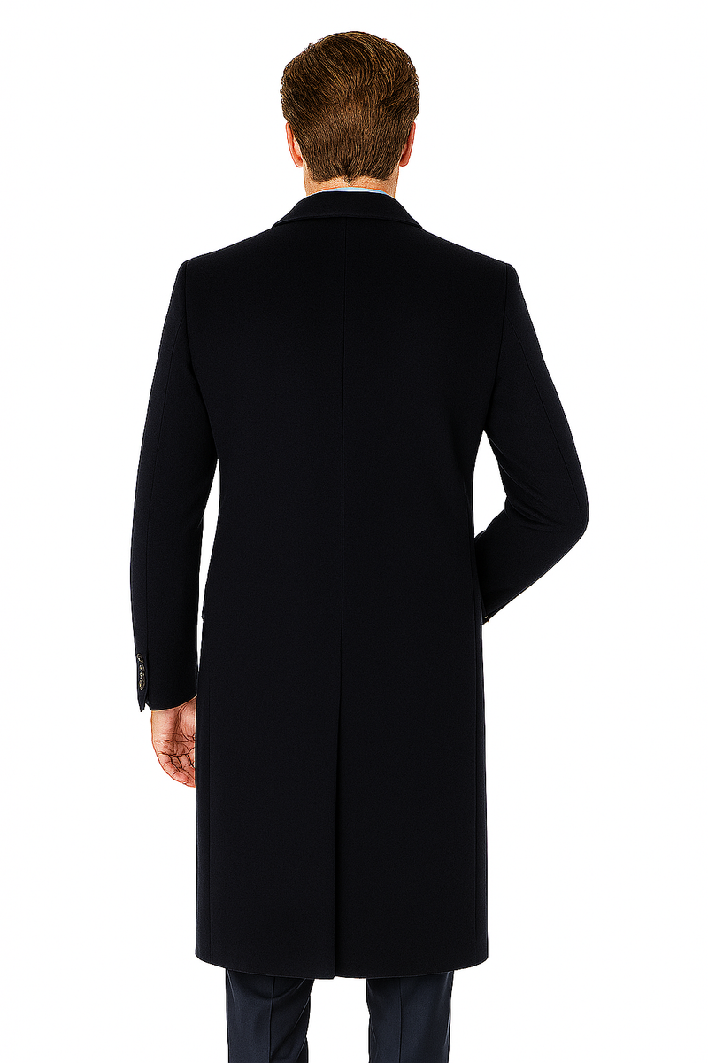 Pure Wool Full-Length Mens Navy Overcoat - Classic Winter Dress Coat