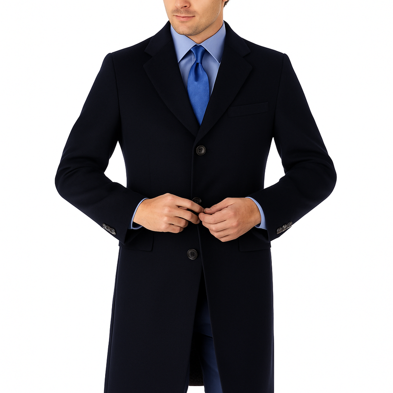 Pure Wool Full-Length Mens Navy Overcoat - Classic Winter Dress Coat
