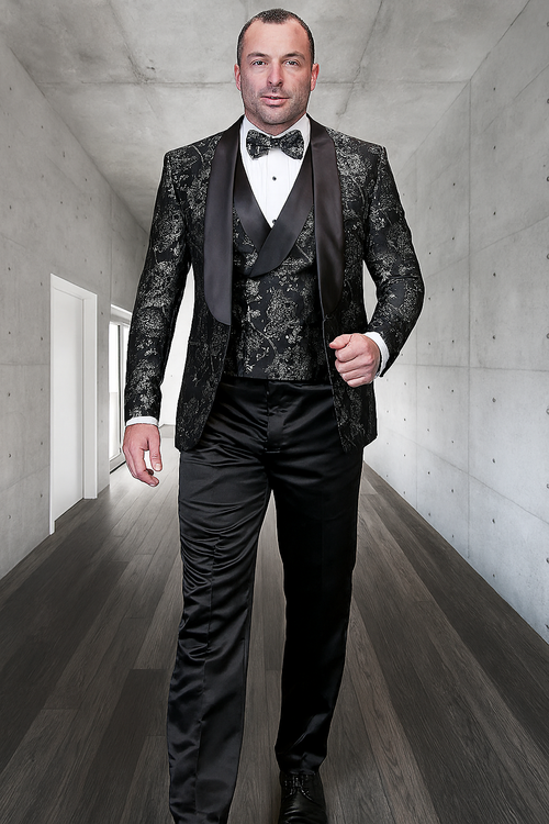 Black paisley tuxedo: fitted jacket, shawl collar, textured print. Solid black vest & trousers. Intricate design, perfect for formal events.