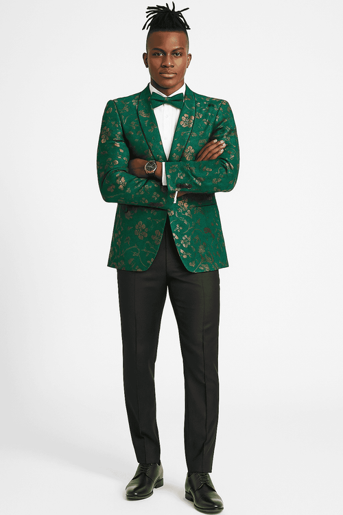 Hunter green slim-fit tuxedo jacket. Gold paisley pattern, notched lapels, and a single-button closure. Textured fabric with an intricately woven design.