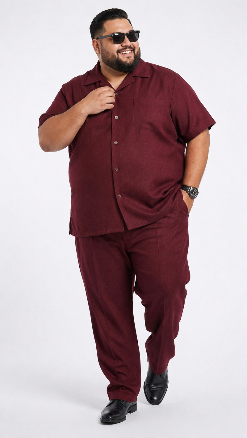 Men’s Burgundy 100% Linen Walking Suit, Short Sleeve Shirt and Matching Pants Casual 2 Piece Set