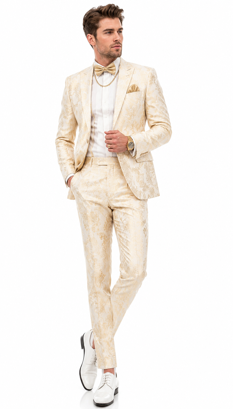 Men’s White and Gold Paisley Prom Tuxedo Set for Wedding and Formal Events