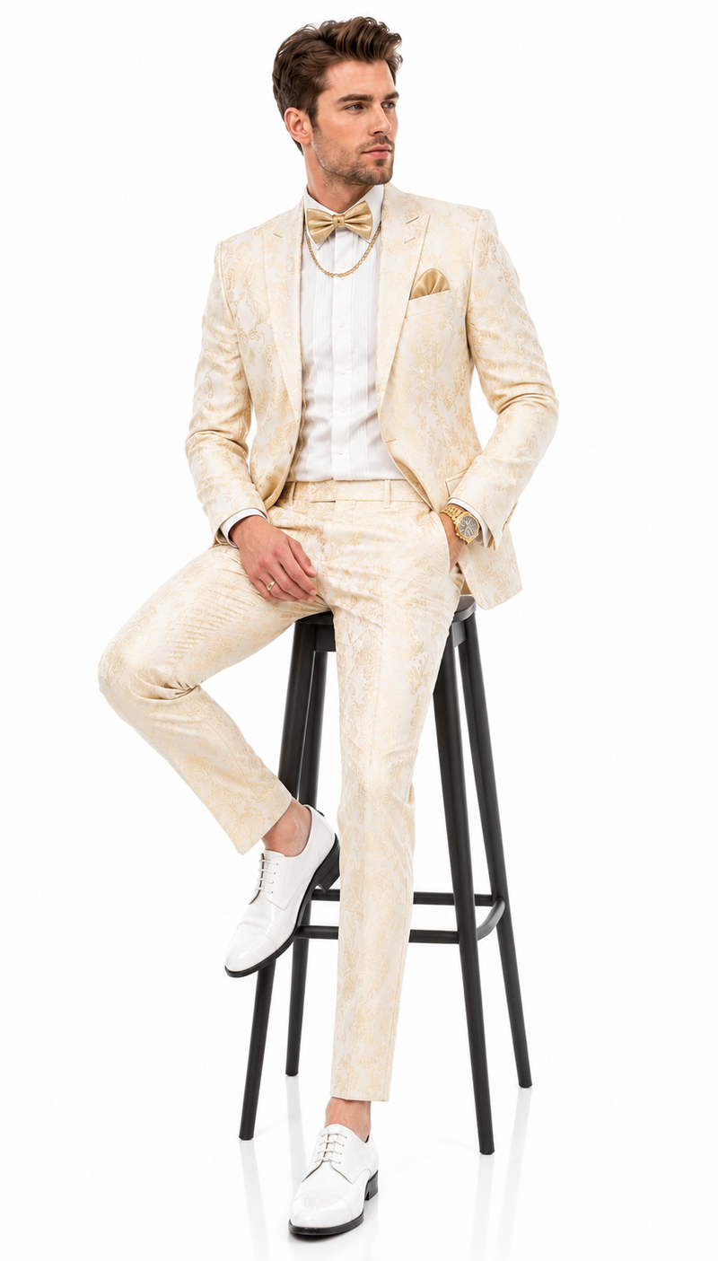 Men’s White and Gold Paisley Prom Tuxedo Set for Wedding and Formal Events