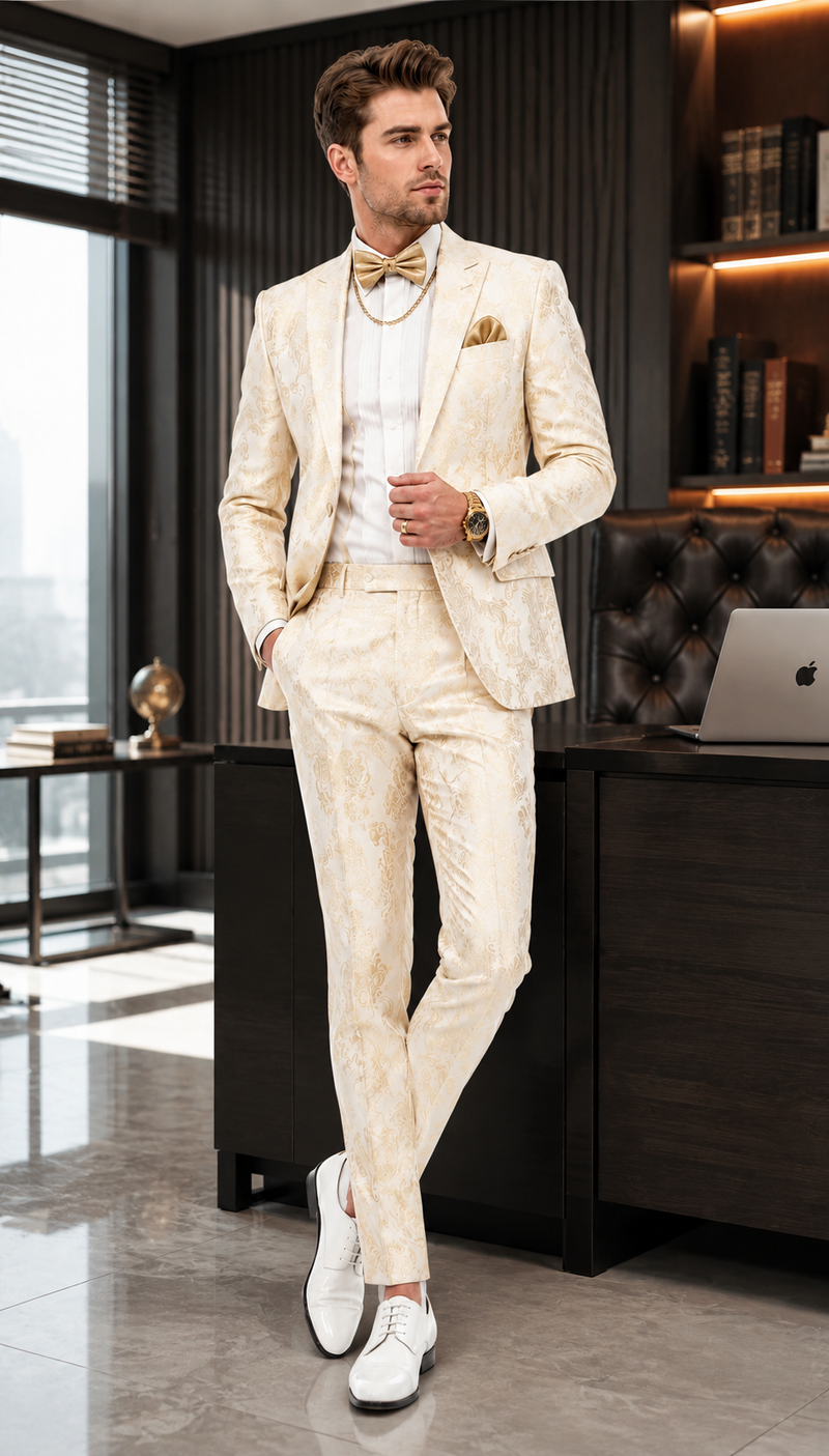 Men’s White and Gold Paisley Prom Tuxedo Set for Wedding and Formal Events