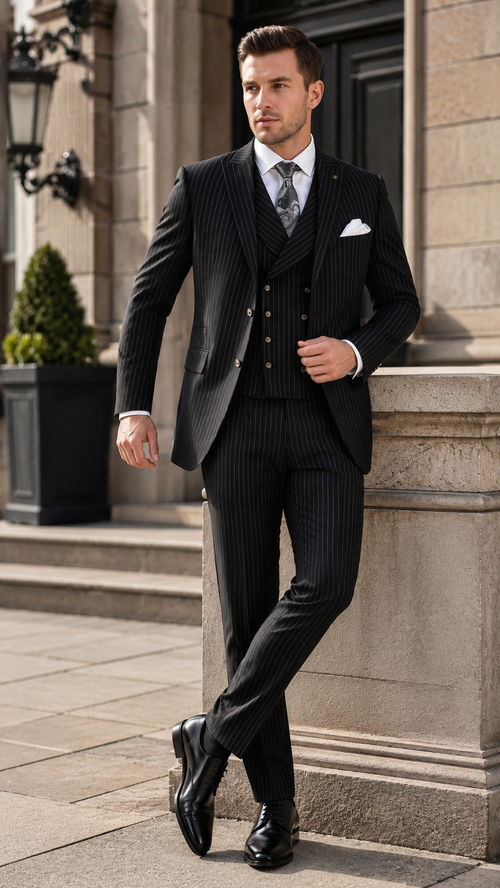 Men’s Black Gangster Pinstripe Suit with Double Breasted Vest, 2 Button Formal 1920s Dress Suit