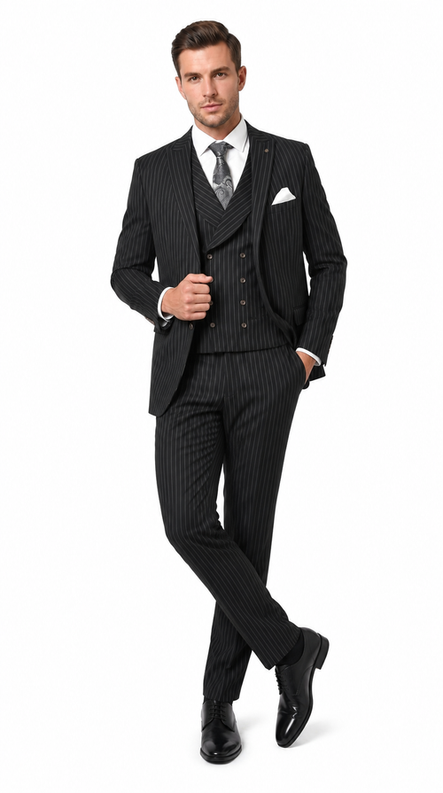 Men’s Black Gangster Pinstripe Suit with Double Breasted Vest, 2 Button Formal 1920s Dress Suit