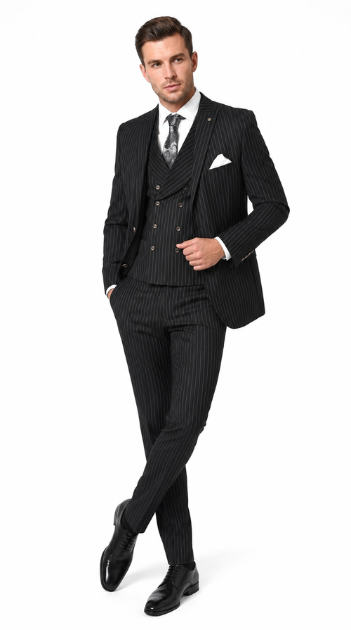 Men’s Black Gangster Pinstripe Suit with Double Breasted Vest, 2 Button Formal 1920s Dress Suit