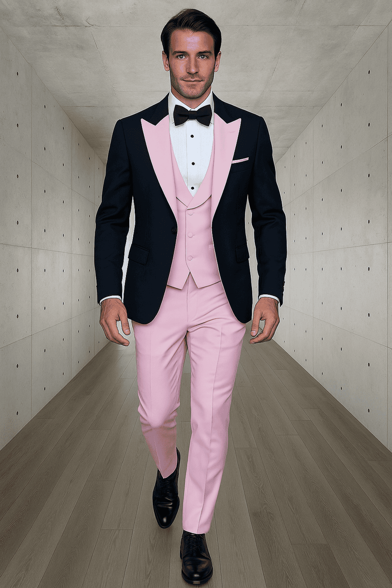 Men's black wool tuxedo with pink lapels, vest, and trousers. Includes a black bow tie and glossy black shoes.