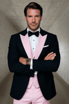Men’s Black and Pink Wool Tuxedo – Designer Vested Tuxedo with Contrast Satin Peak Lapel for Wedding & Prom
