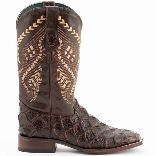 Ferinni Boot - Mens Dress Cowboy Boot - Ferrini Bronco Men's Print Pirarucu Fish Boots Handcrafted Chocolate in Chocolate