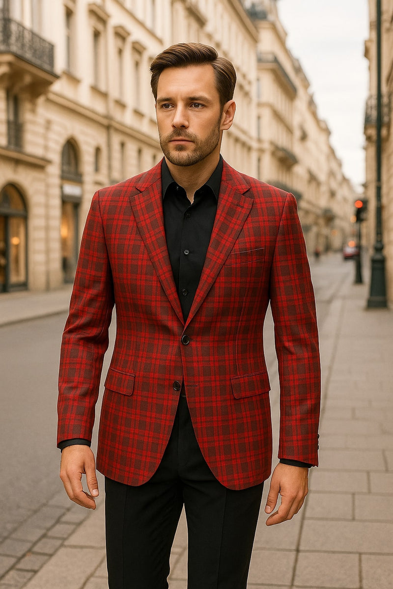 Men's red plaid modern fit blazer. Bold windowpane check pattern (red/black squares). Structured shape, single-button closure, notched lapels, two front pockets. Tailored, smooth fabric.