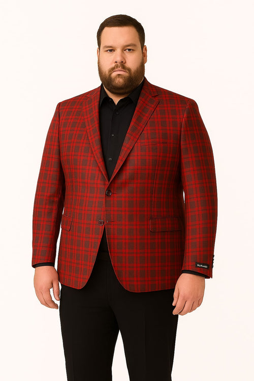 Alberto Nardoni men's red plaid blazer. Modern fit with a windowpane check. Features notch lapels, button cuffs, two front pockets, and a single-button closure.