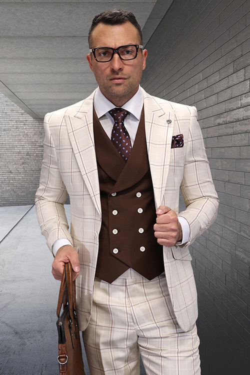 Men's tan wool suit with windowpane pattern. Peak lapel jacket, double-breasted brown vest, and matching trousers. A designer suit for a stylish look.